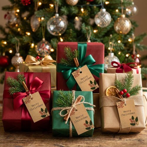 Gavemærker Merry Christmas papir natur brun 8,5×5,5cm 20 stk | Floristik24.dk