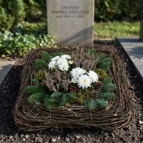 Dekorativ plantepude med naturlige kviste, 40x40 cm - Ideel til begravelsesarrangementer og gravdekorationer, naturligt rottingdesign | Floristik24.dk