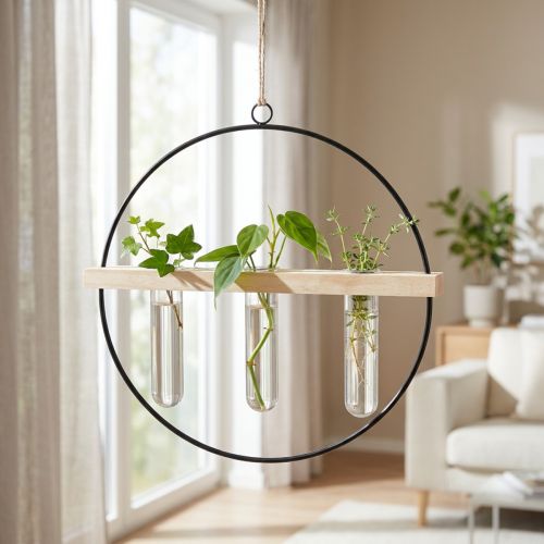 Reagensglas dekorativ vase, metalring, sort, hængende, moderne | Floristik24.dk