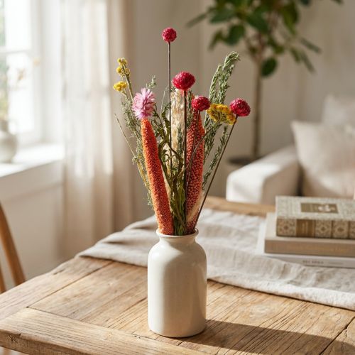 Dekorativ tørret blomsterbuket, lyserød vildblomstblanding DIY-sæt, kreativ borddekoration, 30-35 cm høj | Floristik24.dk