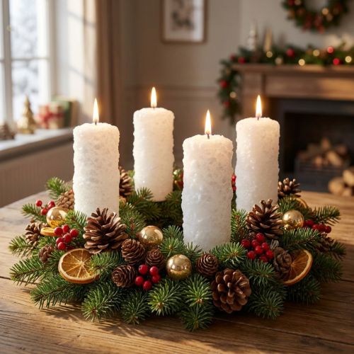 Adventslyssæt med 4 - Hvide bloklys med sneboldeffekt og frostmønster, juledekoration 150/60 mm | Floristik24.dk