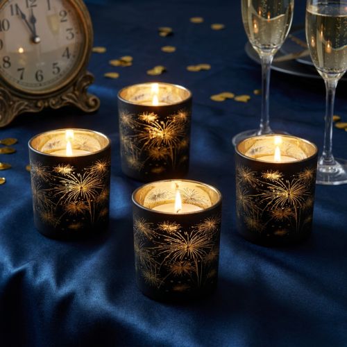 Sæt med 6 glaslanterner, sort og guld, fyrværkeridesign, festlig dekoration, 9 cm | Floristik24.dk