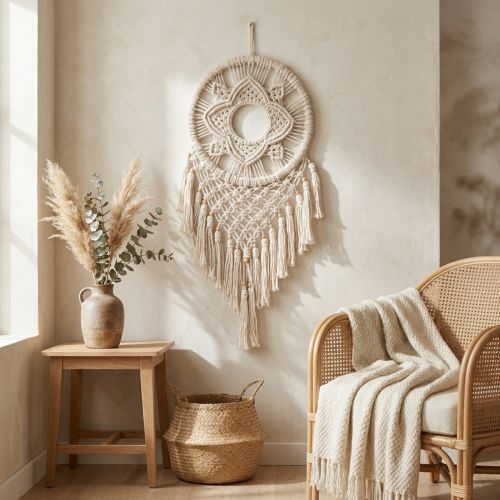 Makramé Drømmefanger Vægophæng Cremefarvet Boho Vægdekoration Håndlavet 29×72cm til Stue & Soveværelse | Floristik24.dk