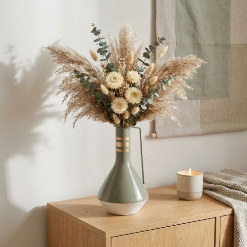 Vintage dekorativ metalkande med hank i grå og guld, Ø18 cm H33 cm, ideel til tørrede blomster og kunstige planter | Floristik24.dk