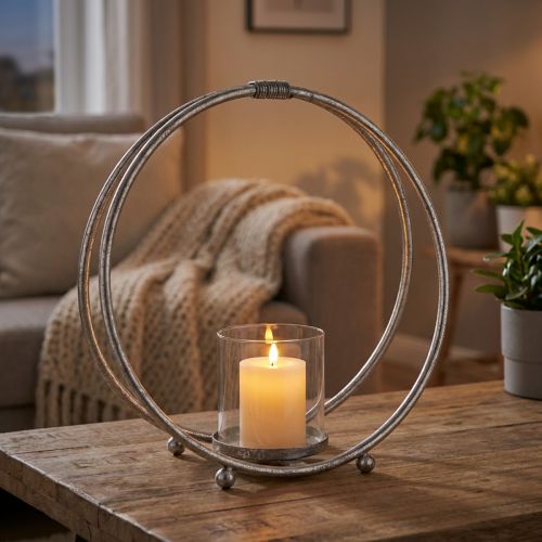 Lanterne metal lysestage sølv glas Ø33cm | Floristik24.dk