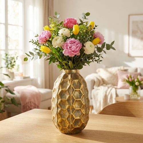 Vintage vase guld blomstervase honeycomb look Ø23cm H39cm | Floristik24.dk