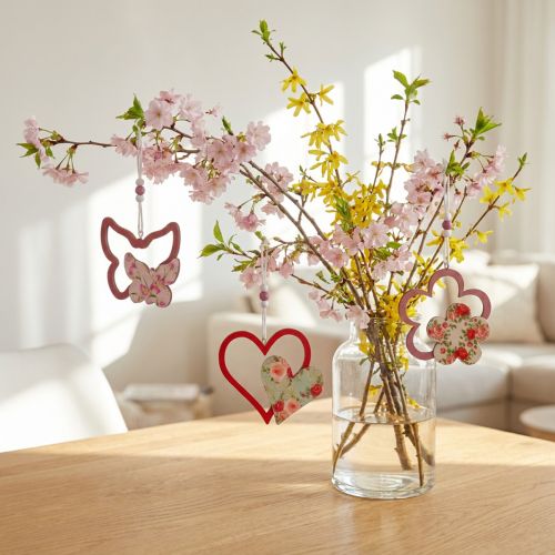 Forårsvedhæng, sommerfuglehjerteblomst, trædekoration med blomstermønster H8,5/9/7,5cm 6 stk. | Floristik24.dk