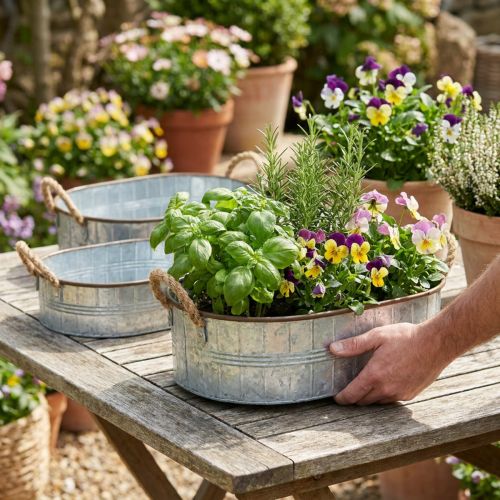 Plantekrukke med hanke, urteskål, arrangementsbund sølv, brun L39/35,5/32 cm H10/8,5/7 cm sæt med 3 stk. | Floristik24.dk