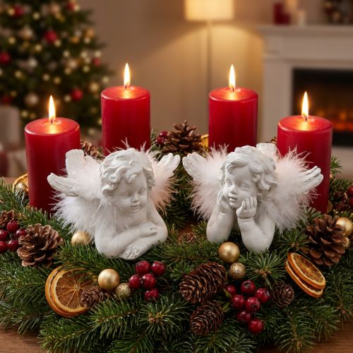 Artikel Engle liggende, juledekoration, engle dekoration med fjer, advent hvid H8 / 8,5cm L14 / 12,5cm sæt af 2 stk.