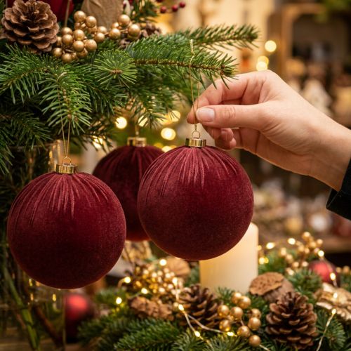 Artikel Julekugle, rødt fløjlslook, til ophængning, 15 cm, 3 stk.