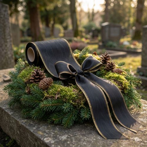 Elegant moiré kransbånd, 175 mm sort med perlekant og taftvævning, dekorativt bånd til begravelsesblomster, sløjfebånd, 25 m | Floristik24.dk