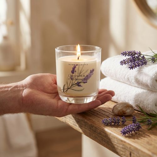 Duftlys i et glas lavendel kamillecreme Ø7,5cm H8,5cm | Floristik24.dk
