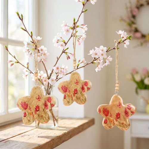 Trævedhæng Forårsblomster i Naturrosa H9cm 4 stk | Floristik24.dk