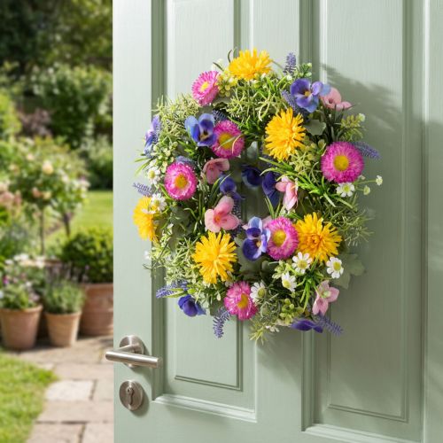 Kunstig forårsblomsterkrans til dekoration af hoveddøren, 30 cm | Floristik24.dk