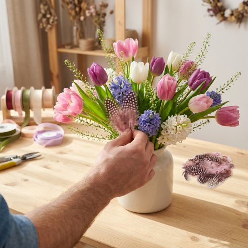 Ægte perlehønsfjer pink med prikker 4-12cm 100 stk. | Floristik24.dk