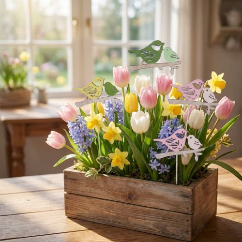 Forårsdekoration Blomsterstik Træ Fugledekoration 7×10cm 12 stk | Floristik24.dk