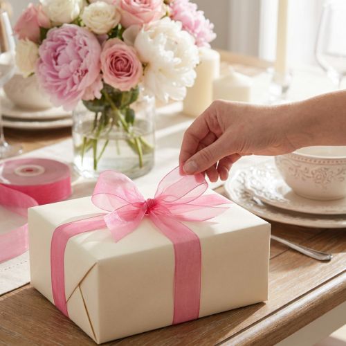 Organza bånd gavebånd pink bånd selvkant 6mm 50m | Floristik24.dk