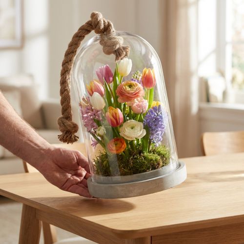 Glasklokke med betonlook plade og reb Ø17cm H28cm | Floristik24.dk