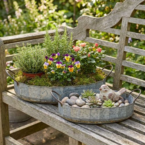 Blomsterskål metal zink bakke antik sæt med 2 L45cm/59cm | Floristik24.dk
