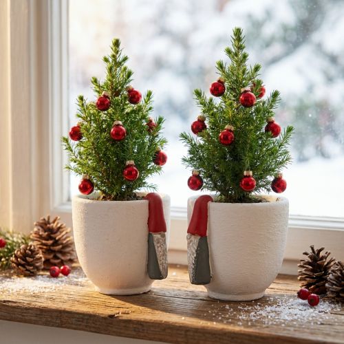 Julekrukke med nisse, adventsdekoration, betonkasse hvid, rød Ø8cm H12,5cm 2stk. | Floristik24.dk