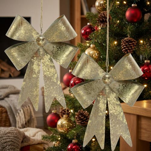 Sløjfer af metal, julevedhæng, adventsdekoration gyldent, antikt look H18cm B12,5cm 2stk | Floristik24.dk