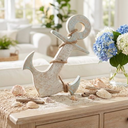 Anker Deco Træ Maritime Deco Hvid Blå 24,5cmx14,5cm | Floristik24.dk