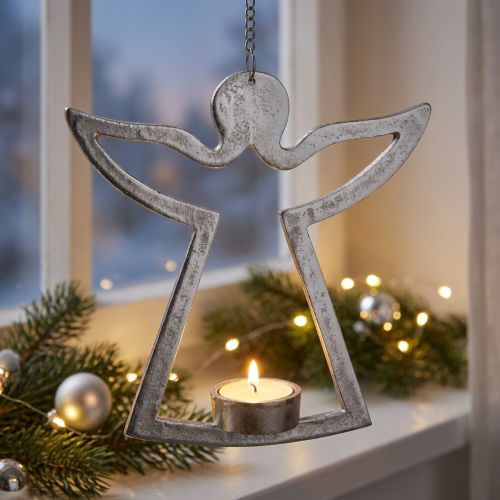 Fyrfadsholder med engel, stearinlysdekoration til ophæng, metal sølv H20cm | Floristik24.dk