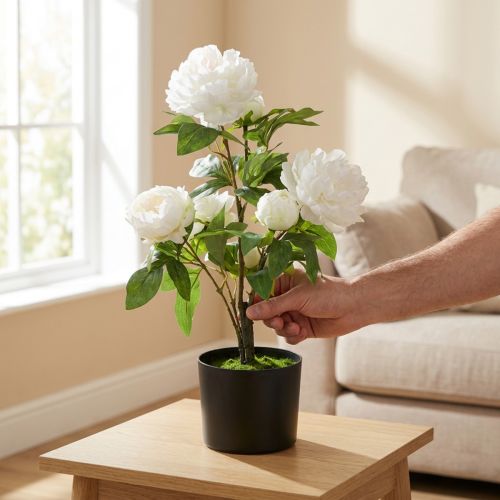 Kunstig Paeonia, pæon i potte, dekorativ plante hvide blomster H57cm | Floristik24.dk