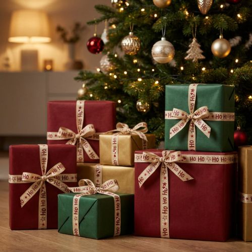 Artikel Julebånd “Ho Ho Ho” gavebånd beige 15mm 15m