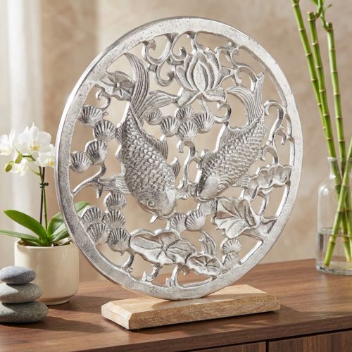Artikel Dekorativ ring metal træ base sølv lotus koi dekoration Ø32cm