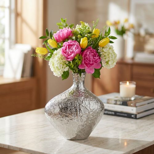 Dekorativ vase metal hamret blomstervase sølv 24x8x27cm | Floristik24.dk