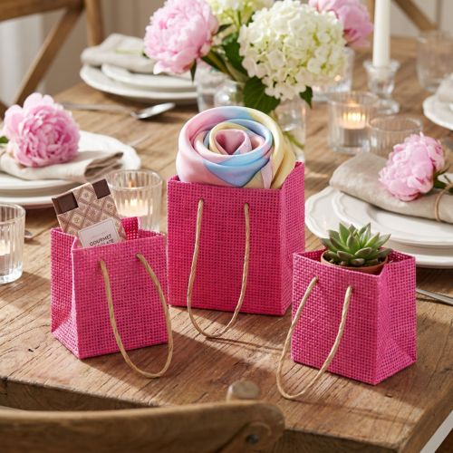 Gaveposer med hanke papir pink gul grøn tekstil look 10,5cm 12stk | Floristik24.dk