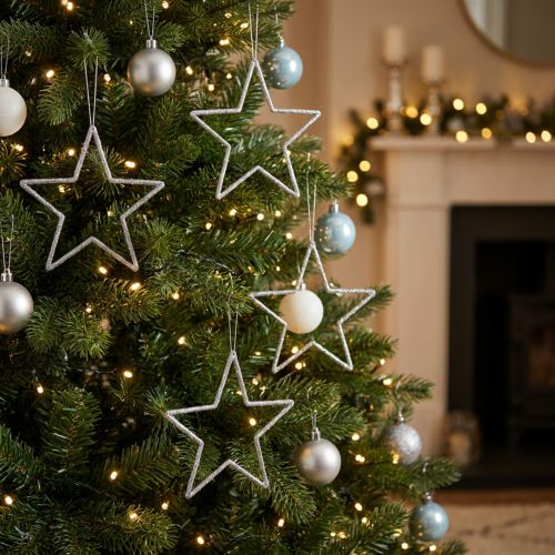 Julepynt stjernevedhæng sølvglimmer 17,5cm 9 stk | Floristik24.dk
