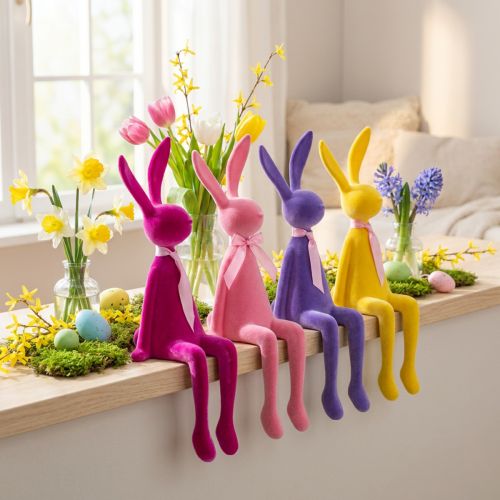 Artikel Påskeharehylde, flokket, assorteret, 36 cm, 4 stk.