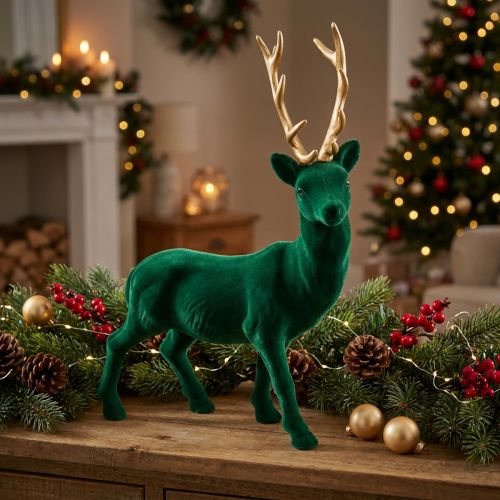 Deco hjort stående grøn guld juledekoration figur 40cm | Floristik24.dk