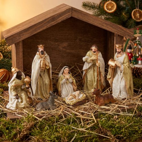 Nativity figurer sæt 8 figurer cremeguld håndmalet 6-12,5cm | Floristik24.dk