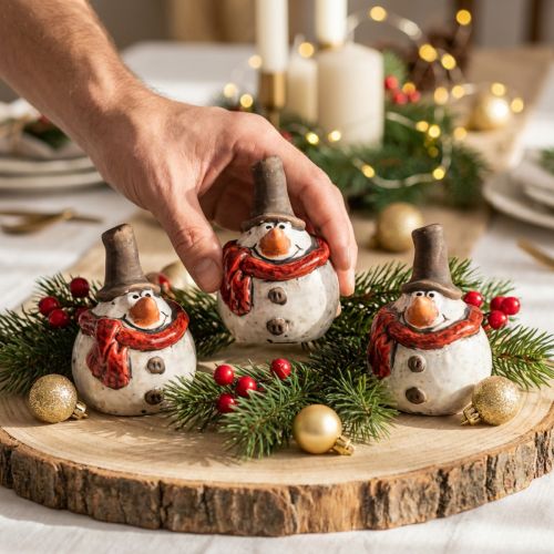Artikel Keramisk snemandsfigur, hvid, 6,9cm – vinterjuledekoration – 6 stk
