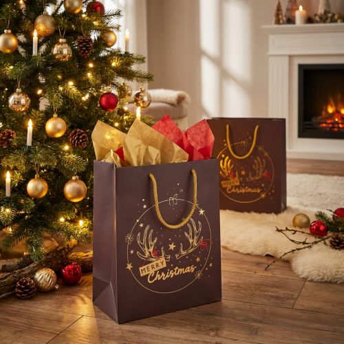 Gavepose julegevir brun/guld 18x10x23cm 2stk | Floristik24.dk