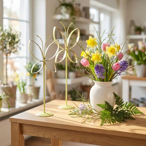 Butterfly metal dekorationsstativ grøn guld H29cm 2 stk | Floristik24.dk