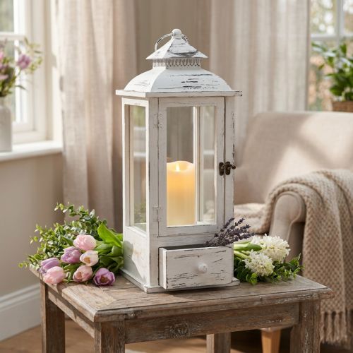 Dekorativ lanterne vintage med skuffe hvid 20×20cm H51cm | Floristik24.dk