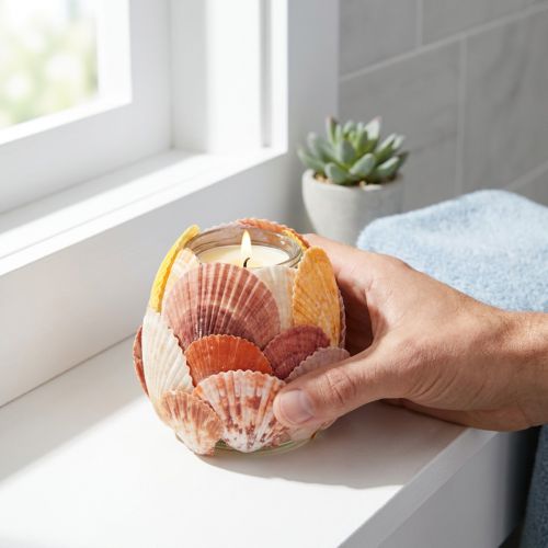 Artikel Nautisk fyrfadsstage, lanterne, ægte muslingeskaller, dekoration til badeværelse, feriestemning, 12 cm