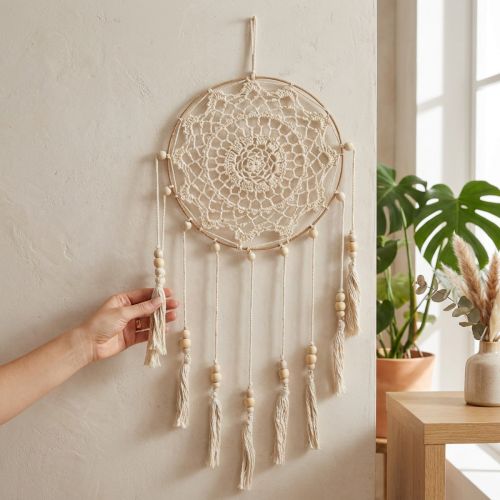 Makramé Drømmefanger Vægophæng Boho Chic Vægdekoration Håndlavet Creme Ø22cm H54cm | Floristik24.dk