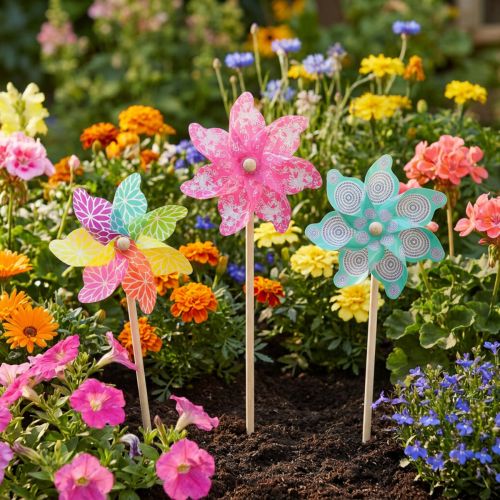 Artikel Pinwheel pink turkis farverig sommerdekoration Ø15cm H48cm 3stk