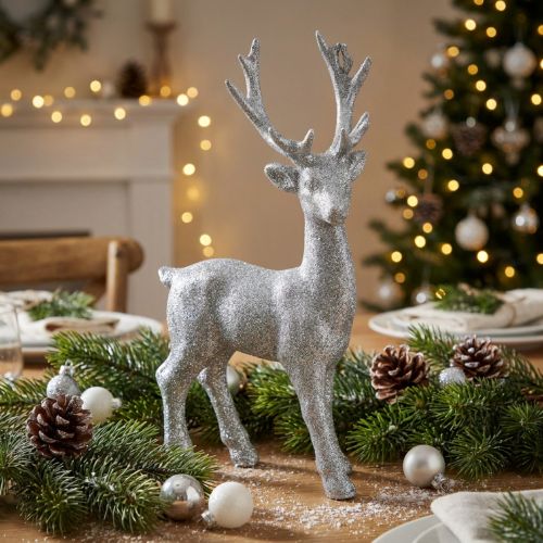 Deco figur hjorte sølv glitter 25cm x 12cm | Floristik24.dk