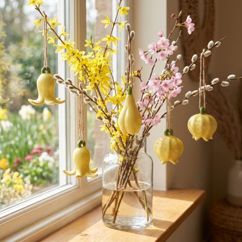 Artikel Keramiske blomstervedhæng, muntert design, blomstermønster, forårsdekoration, 9 cm, 6 stk.