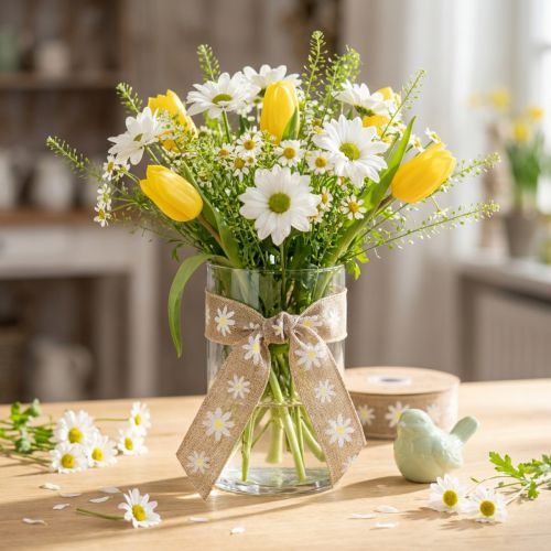 Gavebånd blomster brun hvidt pyntebånd 15mm 15m | Floristik24.dk