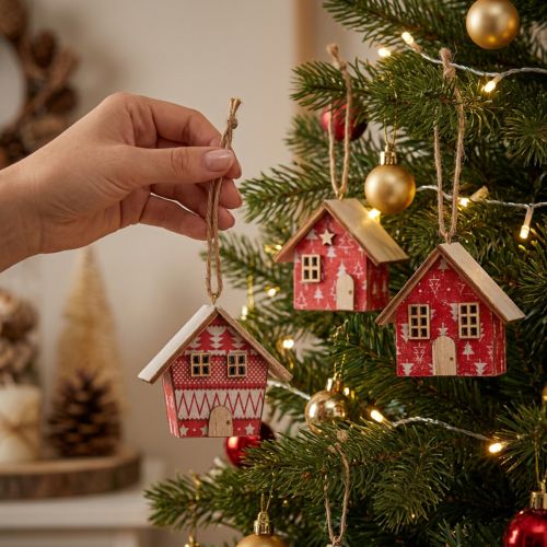 Røde julehuse til ophængning, papir og træ, 5,5 cm, sæt med 6 | Floristik24.dk