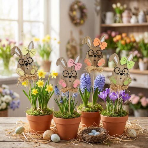 Artikel Blomsterstik træ påskestik kanin med glas 8,5cm 12 stk