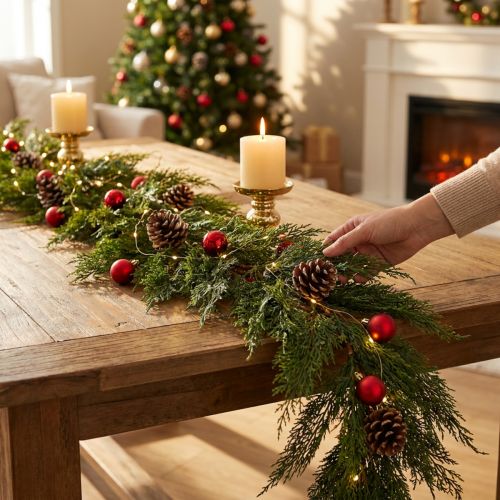 Grøn Thuja-gran-guirlande med frugt, dekorativ ophængning, juledekoration, festlig kunstig guirlande, 175 cm lang | Floristik24.dk