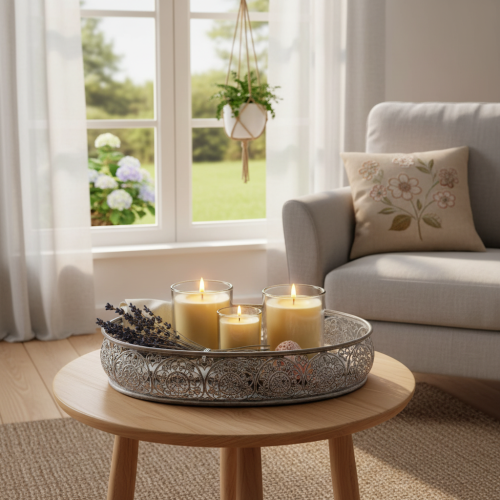 Artikel Dekorativ metalskål, gråt mønster, oval, L36 cm/33,5 cm, sæt med 2 stk.